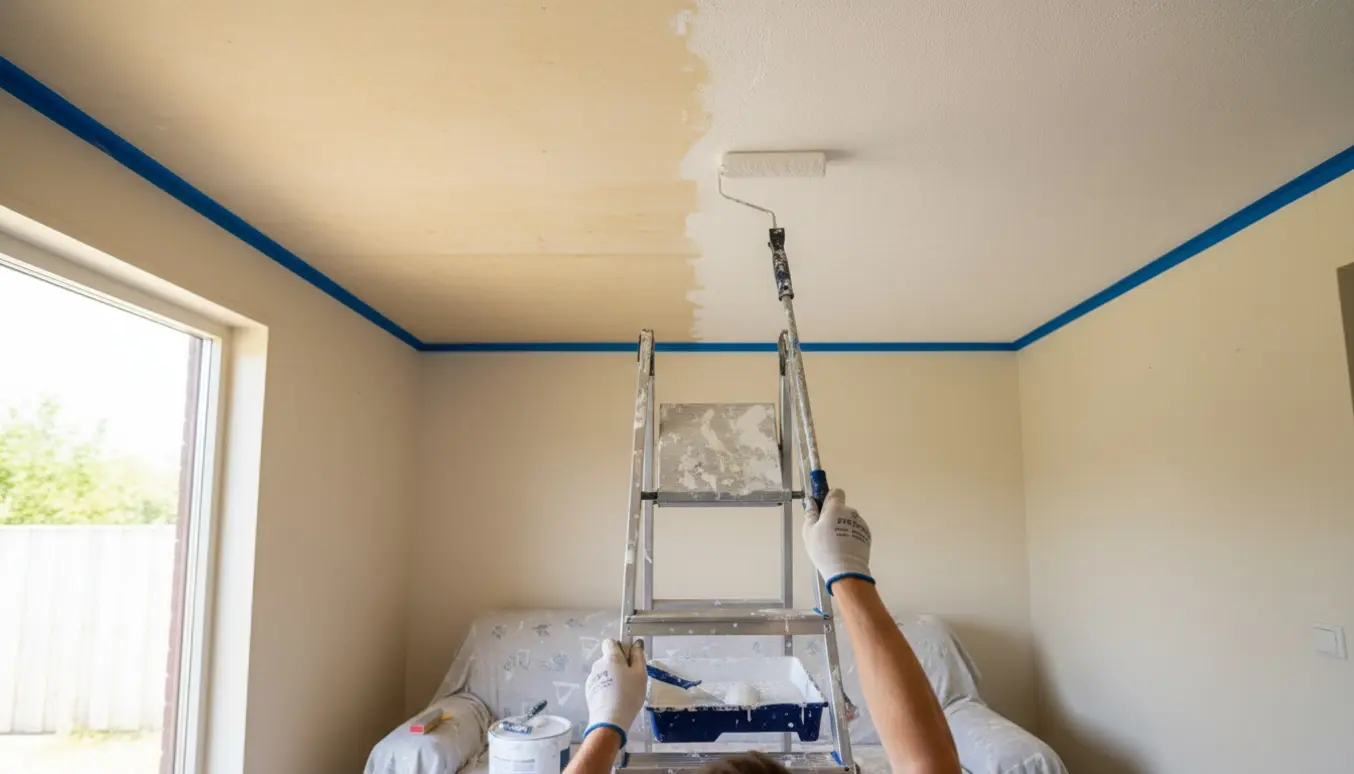 Halvt malet loft i et lille sommerhus med rulle, malerbøtte og afdækningsdug.