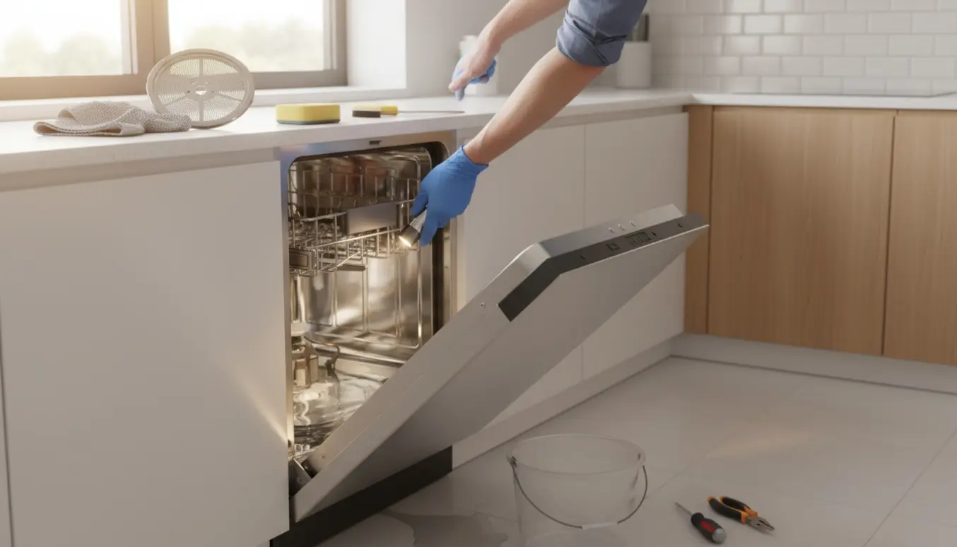 Åben opvaskemaskine med vand i bunden, handskerede hænder rækker ned mod filteret mens en spand opsamler vandet.