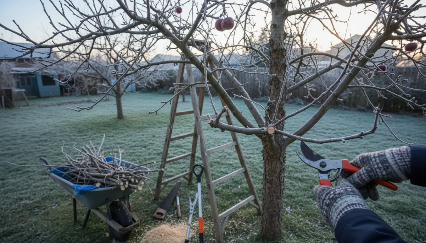 Vinterbeskæring af et æbletræ med beskæresakse, stige og afskårne grene i en trillebør.