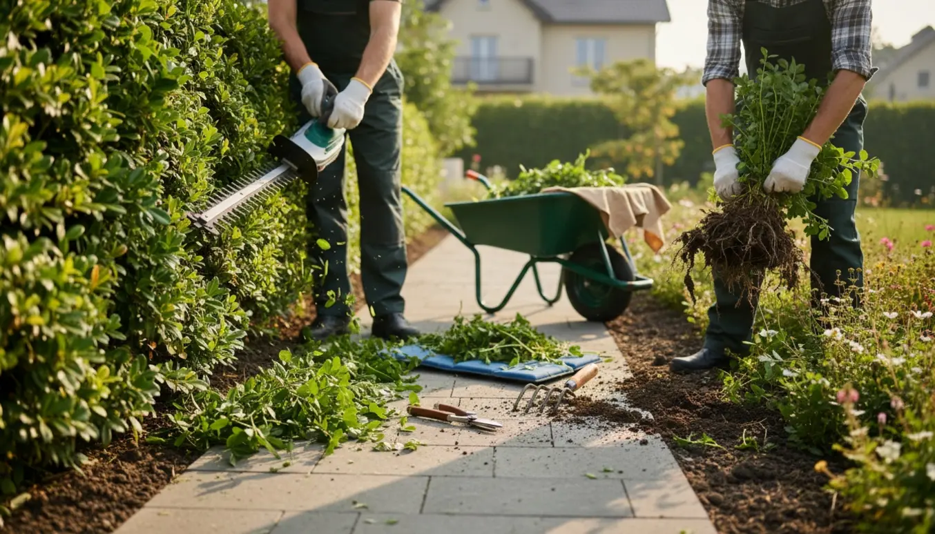 En haveejer klipper hæk og luger ukrudt i sollys, kun hænder og værktøj er synlige.