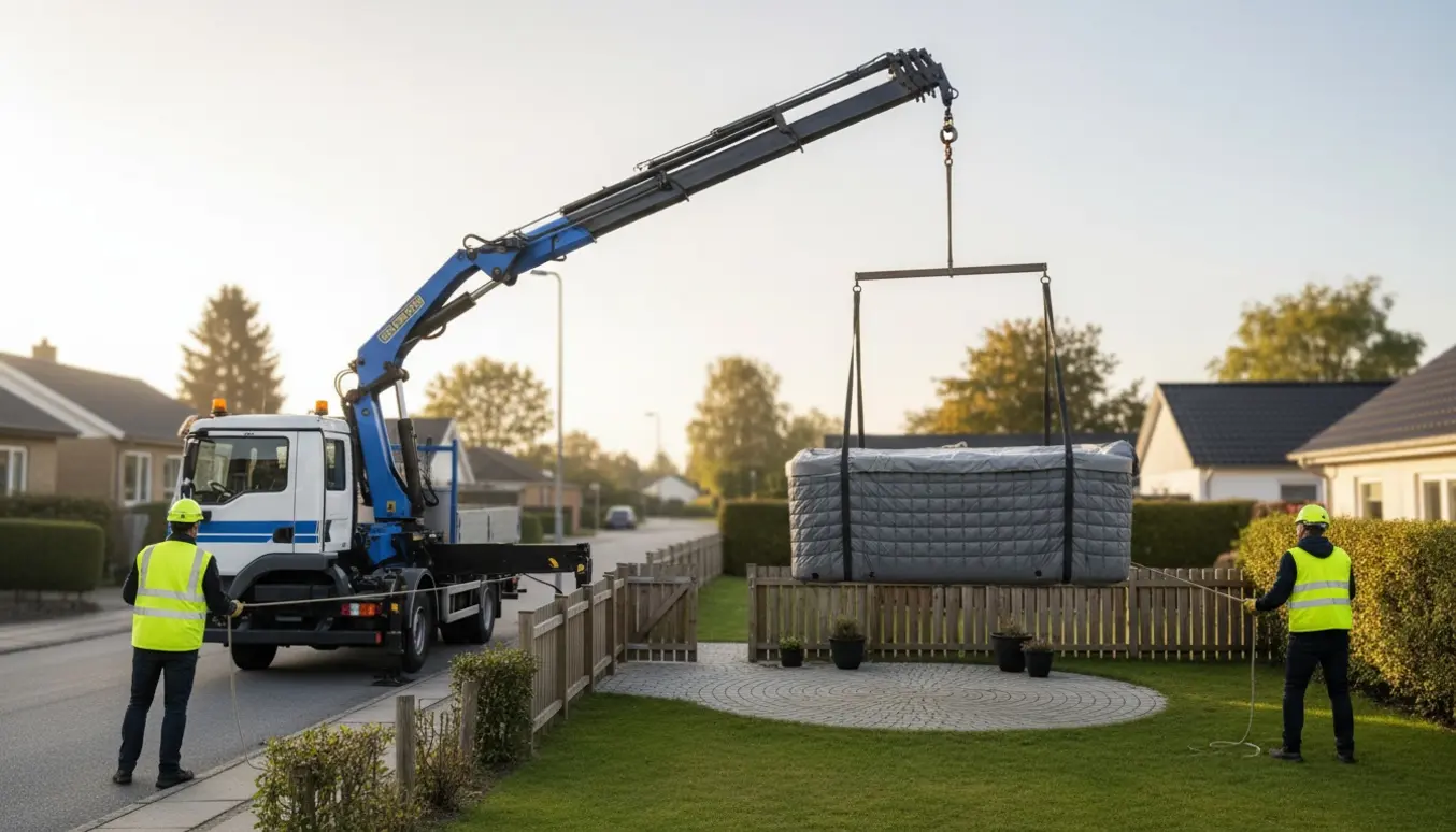 Kran løfter nyt spabad ind i en baghave i Vanløse, pakket i beskyttelse og styret af arbejdere med handsker.