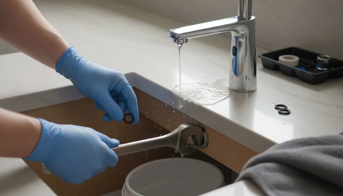 Lækkende sensorvandhane på køkkenbordplade med hænder, der arbejder under vasken og værktøj klar.