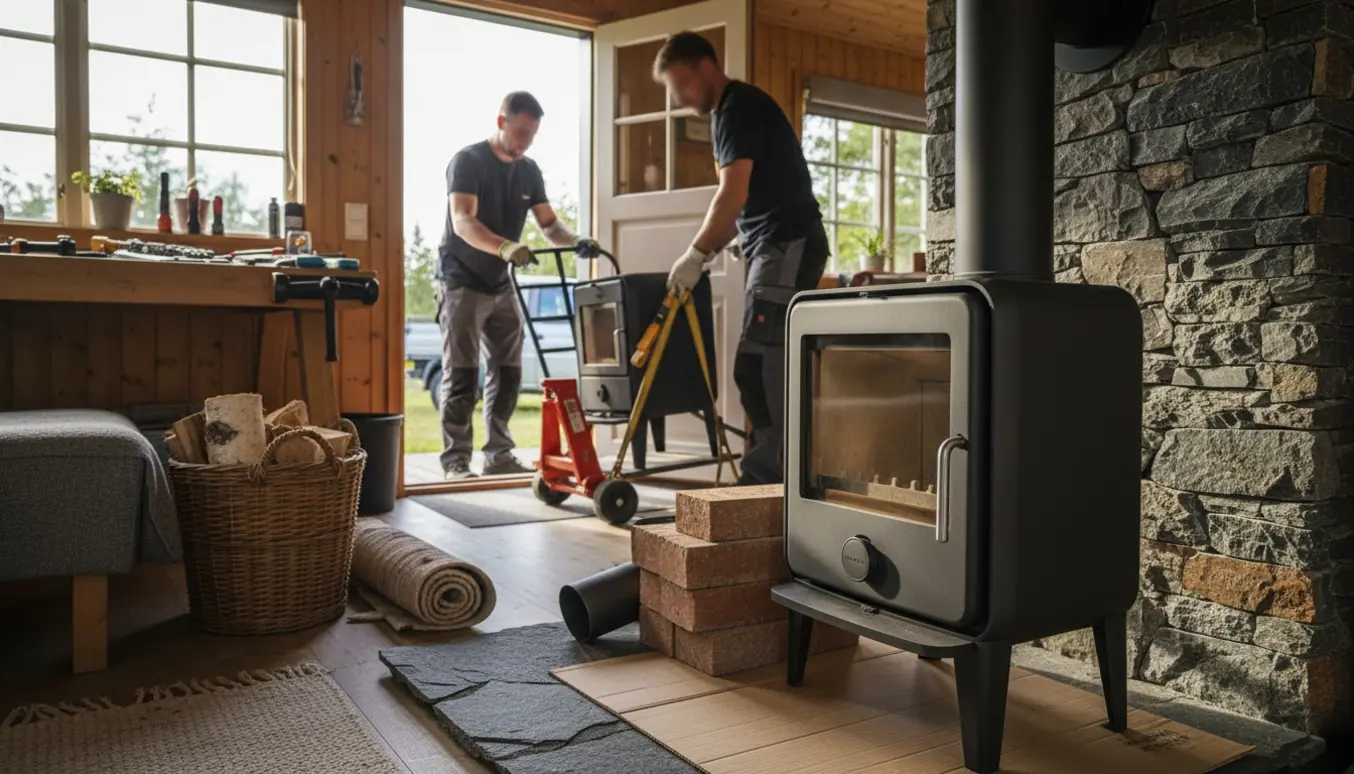 Ny sort støbejernsbrændeovn løftes forsigtigt ind i et lyst sommerhus, mens den gamle bæres ud.