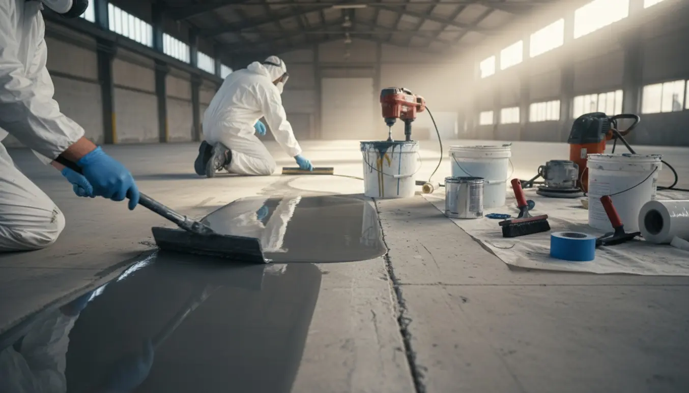 Håndværker set bagfra påfører skinnende epoxy på et repareret lagergulv med rulle og spartel.