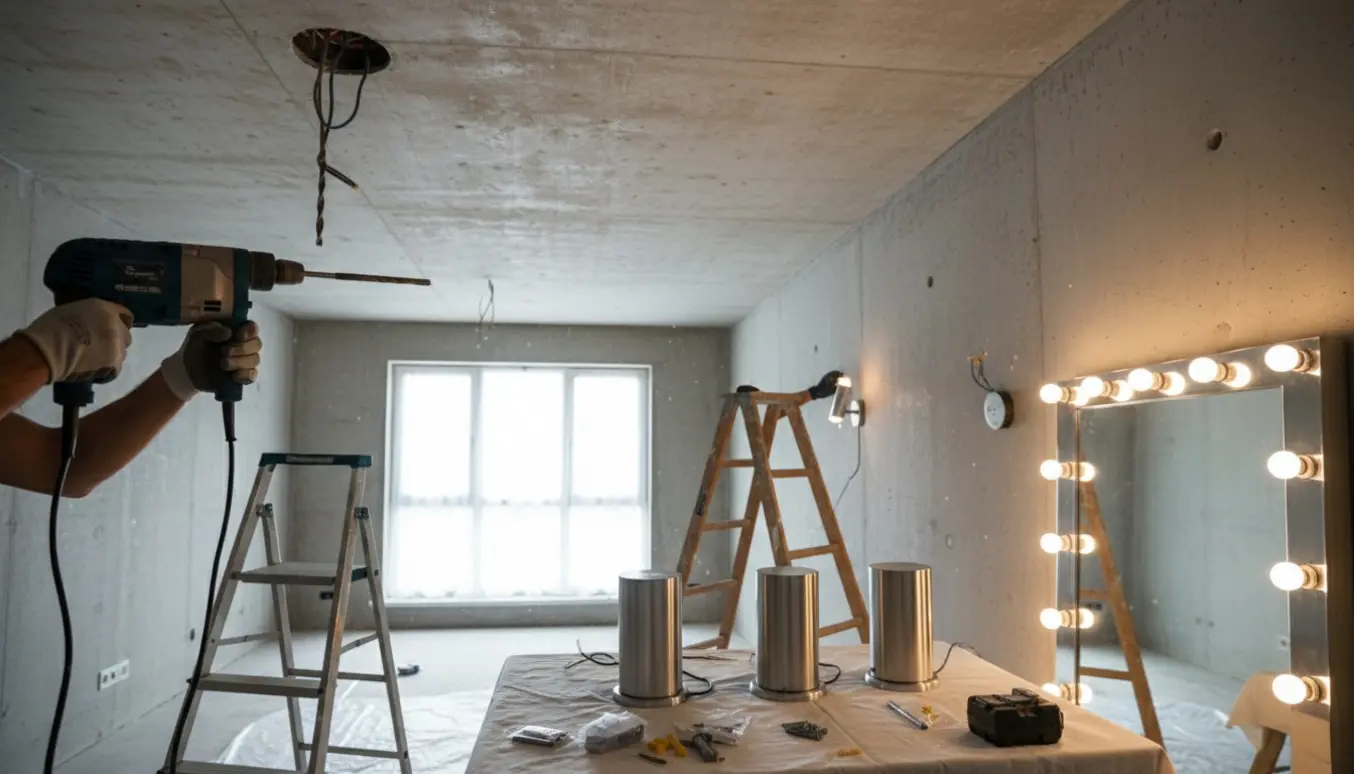 Hænder borer i betonloft og monterer lamper samt et lyst Hollywood-spejl på en betonvæg.