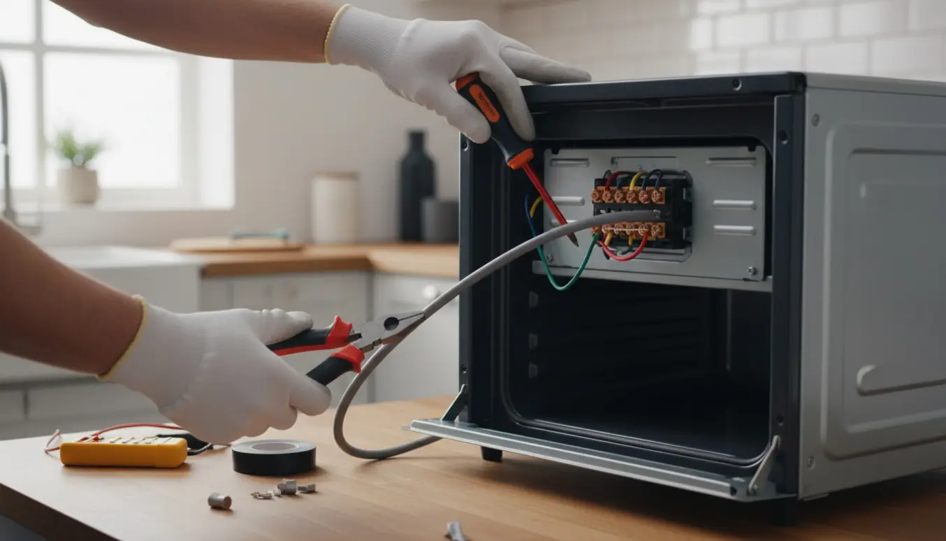 Nærbillede af hænder, der tilslutter et elektrisk komfur i et lyst køkken med værktøj ved siden af.