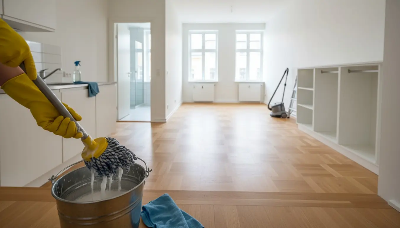 Rengøringsscene i en tom københavnsk lejlighed med mop, spand og støvsuger i sollys.
