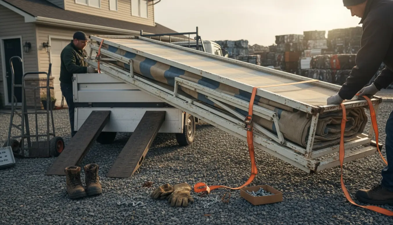 Nyligt nedtaget 5 meter markise med metalstel lastet på en pickup og fastgjort med stropper klar til bortkørsel til skrotplads.