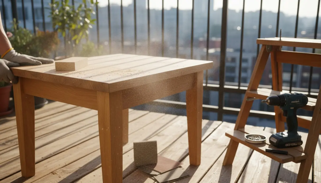 Et lille douglasgranit bord slibes på en altan, med værktøj og en trappestige klar til at blive forstærket med skruer.