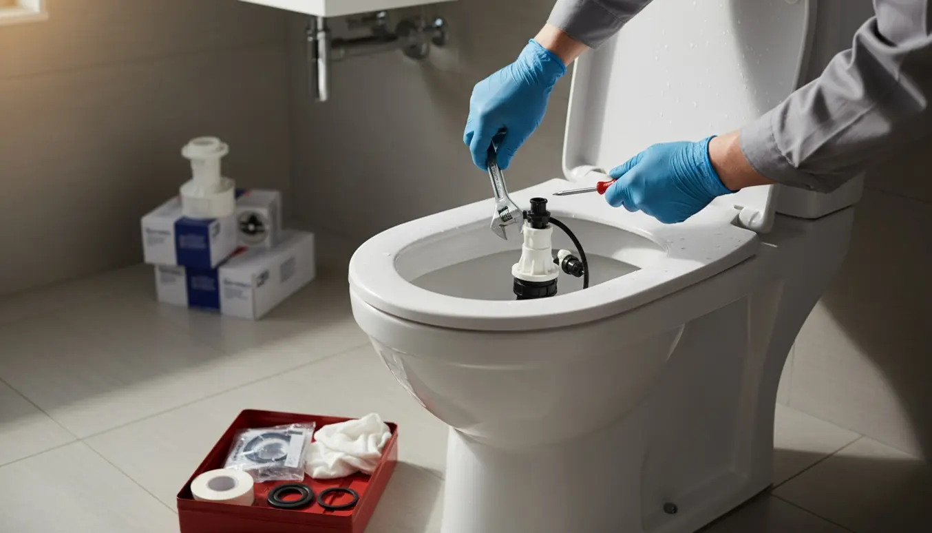 Hænder reparerer en toiletcisterne med værktøj og reservedele i et lyst badeværelse.