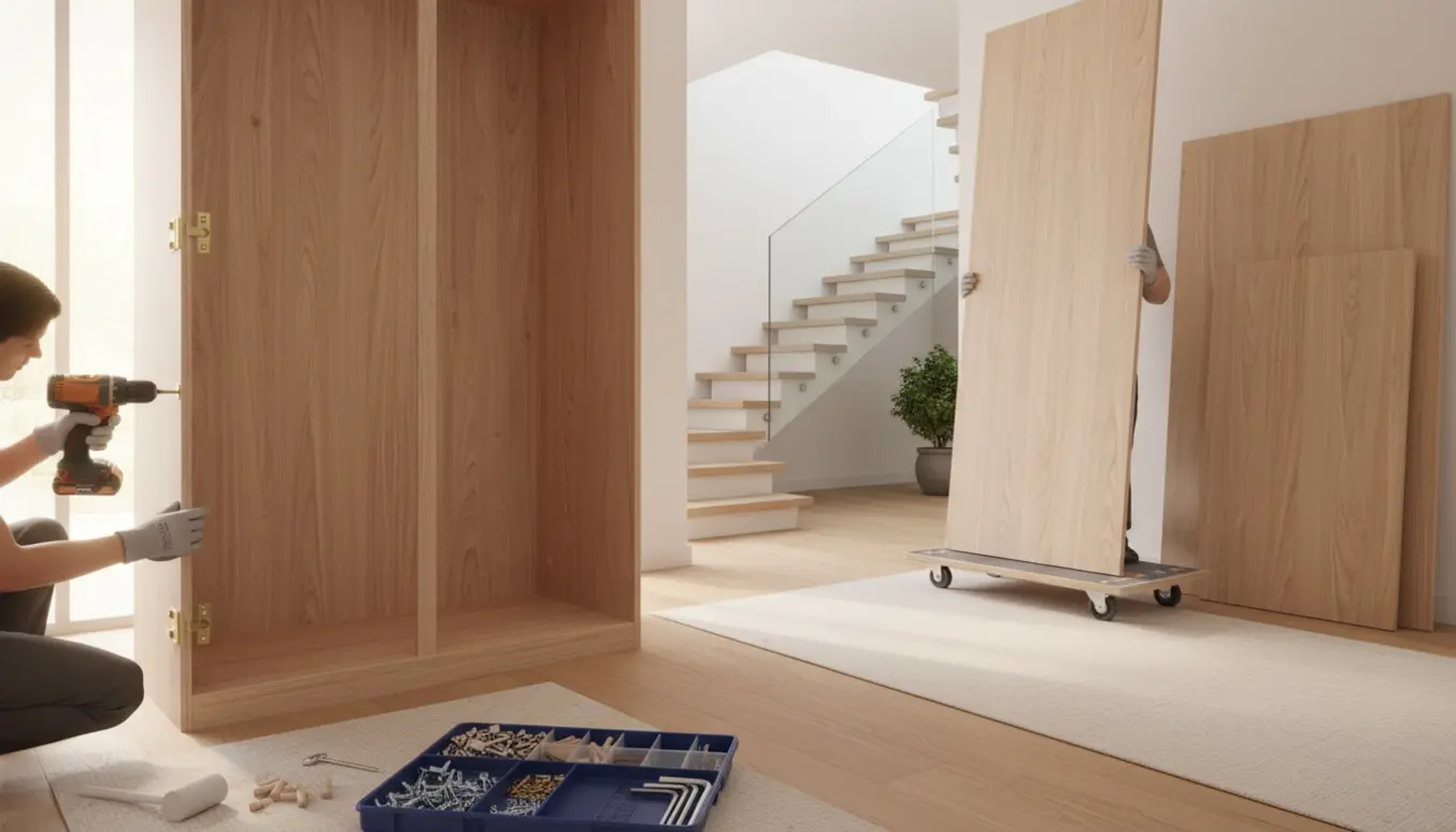 Delvist samlet klædeskab og værktøj ved en lys trappe, klar til at blive båret op til 1. sal.