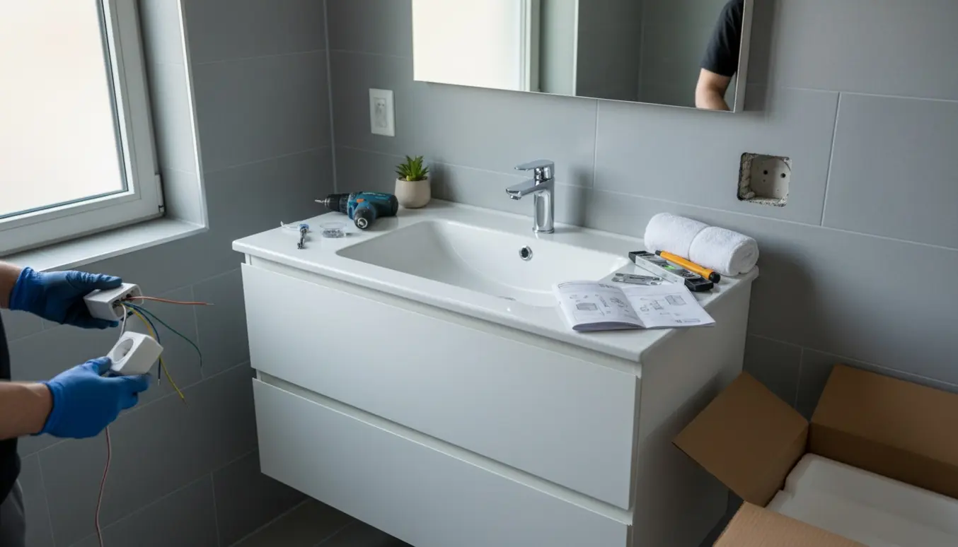 Nyinstalleret hvidt underskab med vask i badeværelse, håndværker monterer en stikkontakt uden at ansigtet vises.