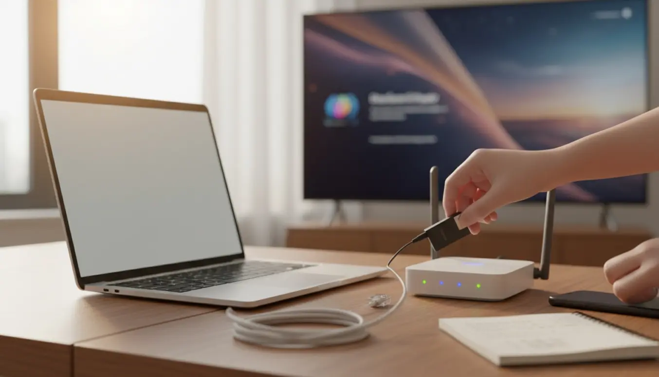 En hånd sætter en USB‑Wi‑Fi‑adapter i en bærbar computer på et skrivebord med en router og et tændt TV i baggrunden.