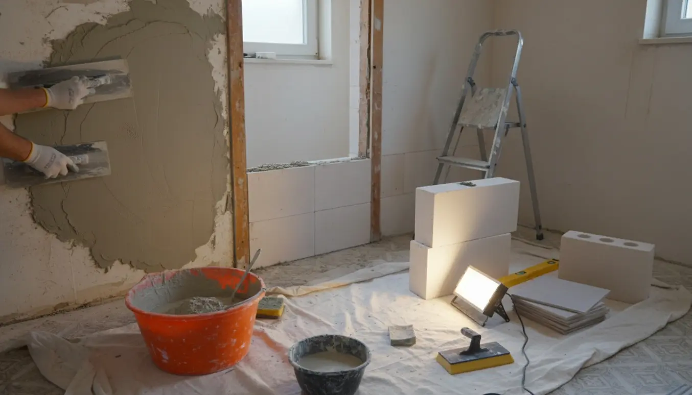 Badeværelse under renovering med våd puds på væg og gasbetonblokke til at lukke en gammel døråbning.