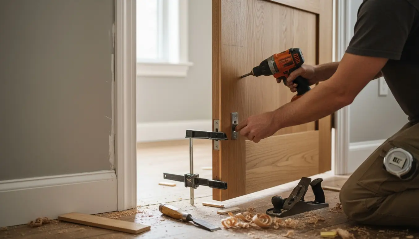 Nærbillede af en håndværker, der tilpasser og monterer en trædør i en inderdør med værktøj og træspåner omkring.