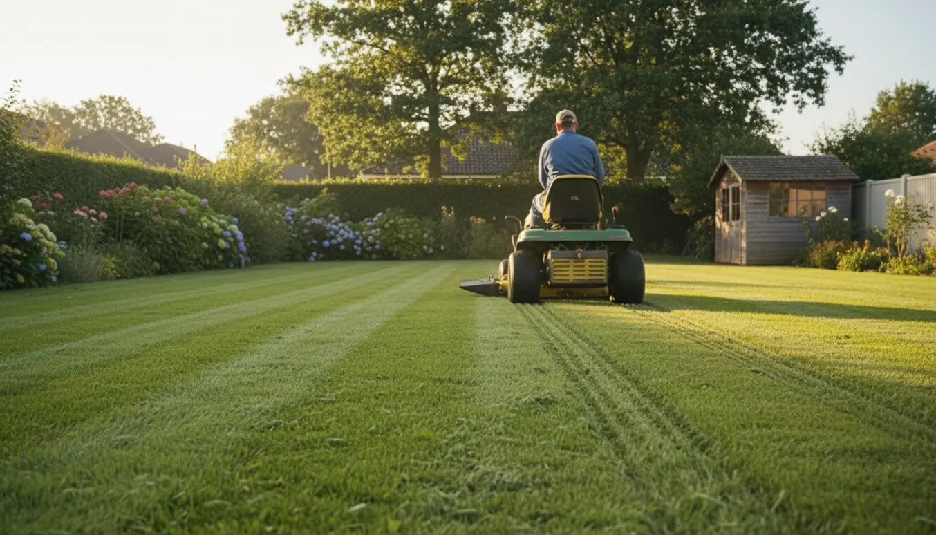 Stor nyslået græsplæne med ride-on plæneklipper og tydelige stribede spor ved et hus.
