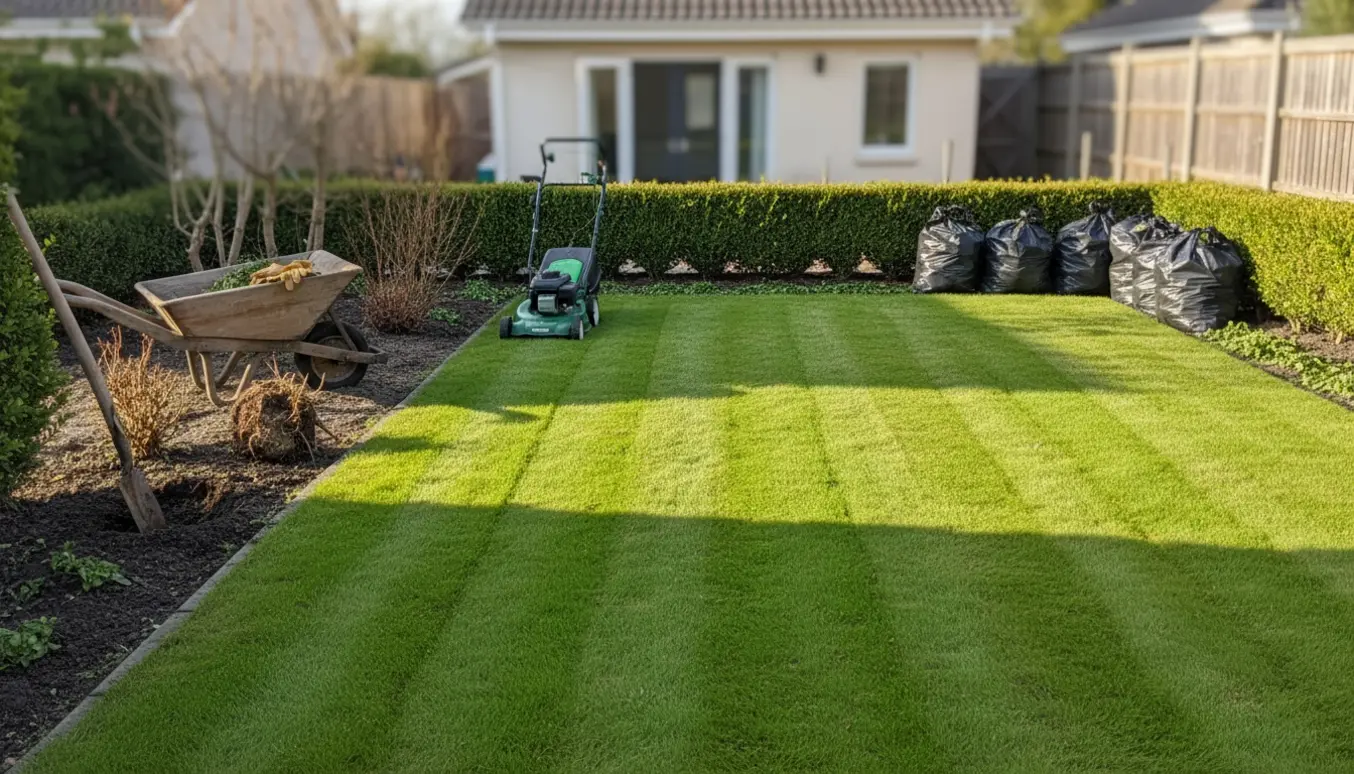 Lille have med nyslået græs, klippet hæk, affaldssække, haveredskaber og to gravede buske.
