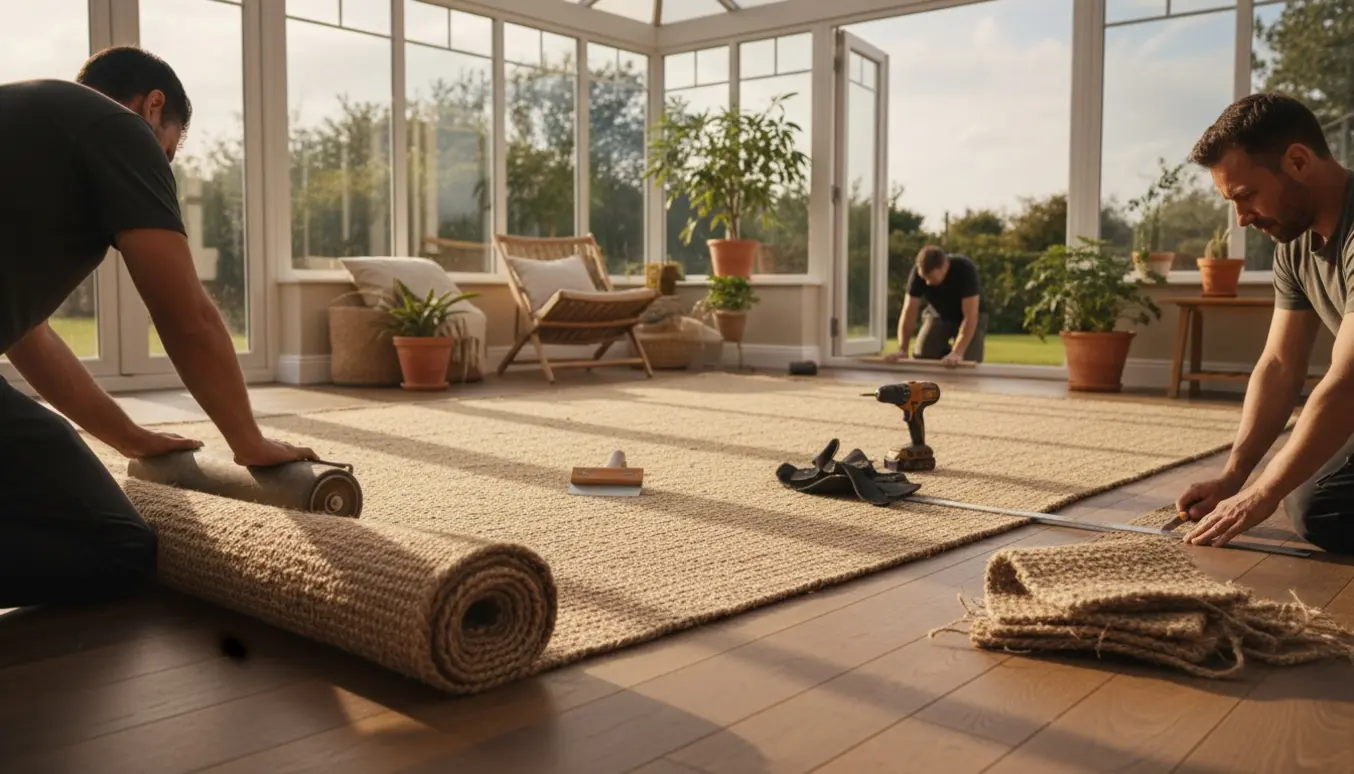 Hænder lægger sisalgulvtæppe i en lys udestue og monterer en dørtrinsliste.