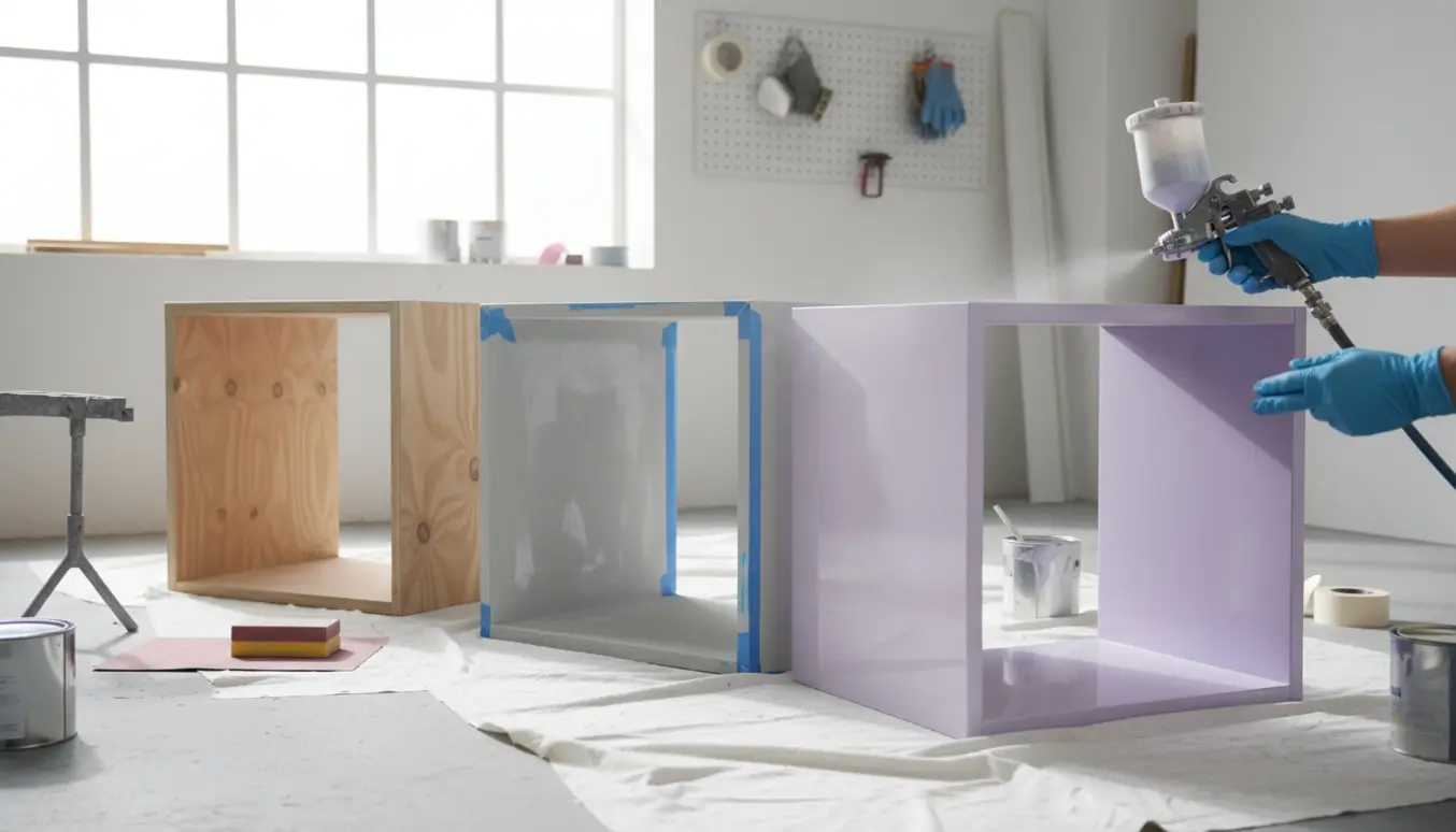Tre kubikreoler i et lyst værksted — rå, grunderet og færdigmalet i pastel lilla, omgivet af malerværktøj.