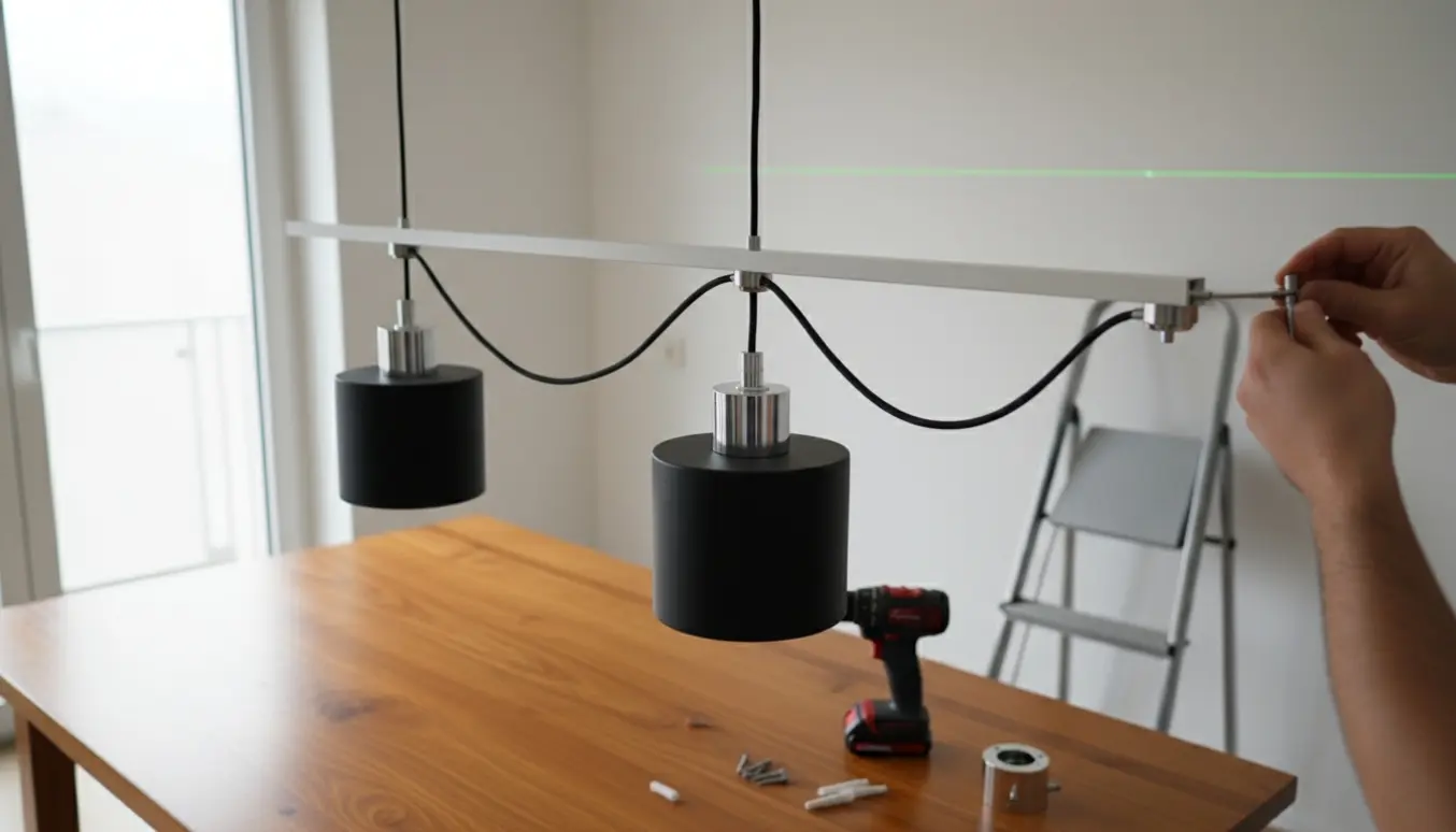 Nærbillede af opsætning af 3 m strømskinne med to pendler over spisebord, håndværkerens hænder tilslutter adaptere med laserlinje i loftet.