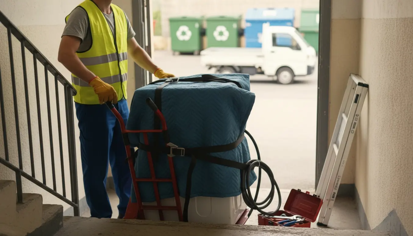 Vaskemaskine på sækkevogn på en trappeopgang klar til afhentning og levering til genbrugsplads.