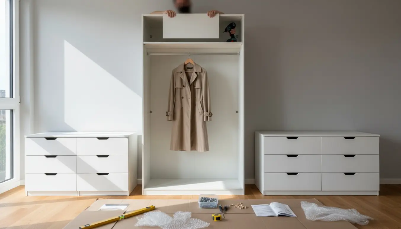Delvist samlet PAX-garderobe og tre hvide MALM-kommoder på trægulv med værktøj og hænder, der monterer tøjstang.