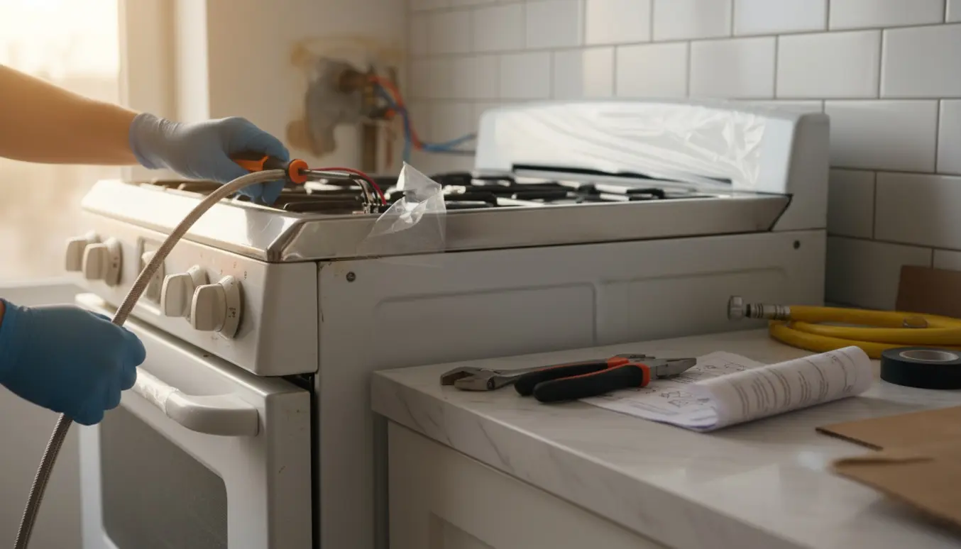Gloved hænder tilslutter et nyt rustfrit komfur i et køkken med værktøj og åben bagtilslutning.