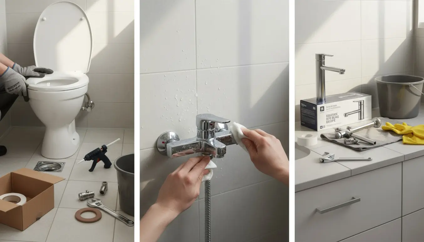 Hænder installerer et nyt toilet og afkalker et kalket krom brusebatteri med værktøj og reservedele klar.