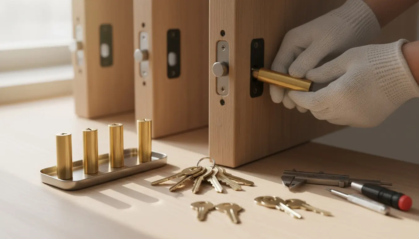 Nærbillede af en låsesmeds hænder, der sætter en låsecylinder i en dør med otte nøgler på arbejdsbordet.