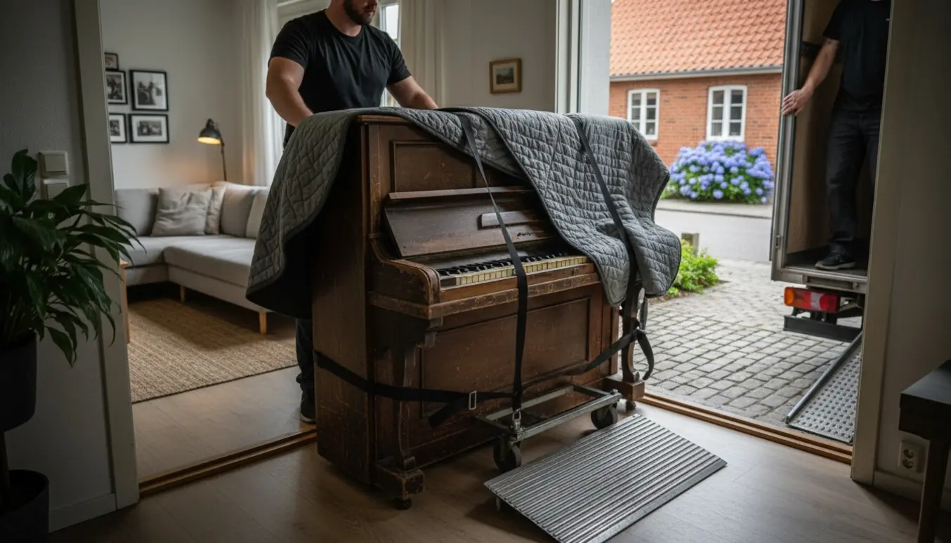 Et gammelt standklaver bliver forsigtigt båret ud af en stue og ind på en flyttevogn med tæpper og dolly.