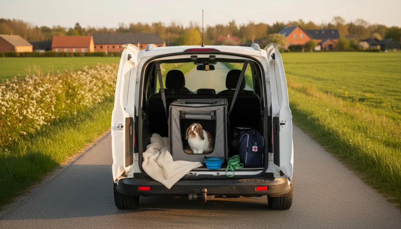 Åben varevogn med en kanin i et sikret transportbur klar til kørsel på en landevej.