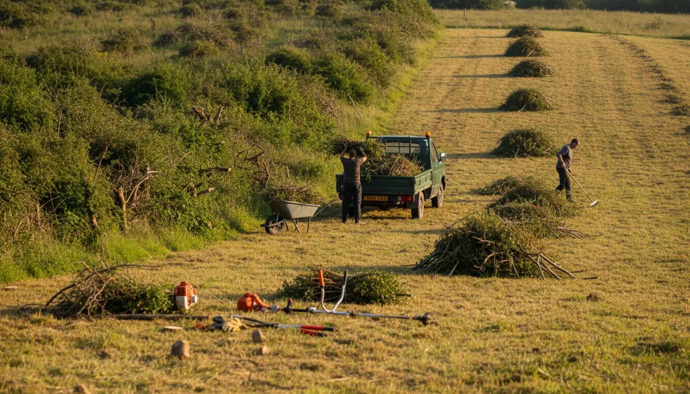Skråning med tæt bevoksning halvt beskåret til lav højde, bunker af afskårne grene og trailer klar til bortkørsel.