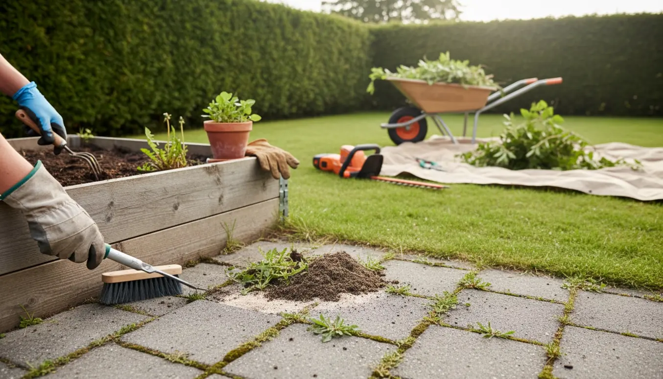 Nærbillede af havearbejde med fjernelse af ukrudt i fliser, rensning af bed og beskæring af hæk i en dansk forstadshave.