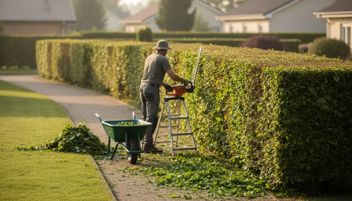 Lang bøgehæk i en have bliver klippet med en elektrisk hækklipper, og afklip lægges i en trillebør.
