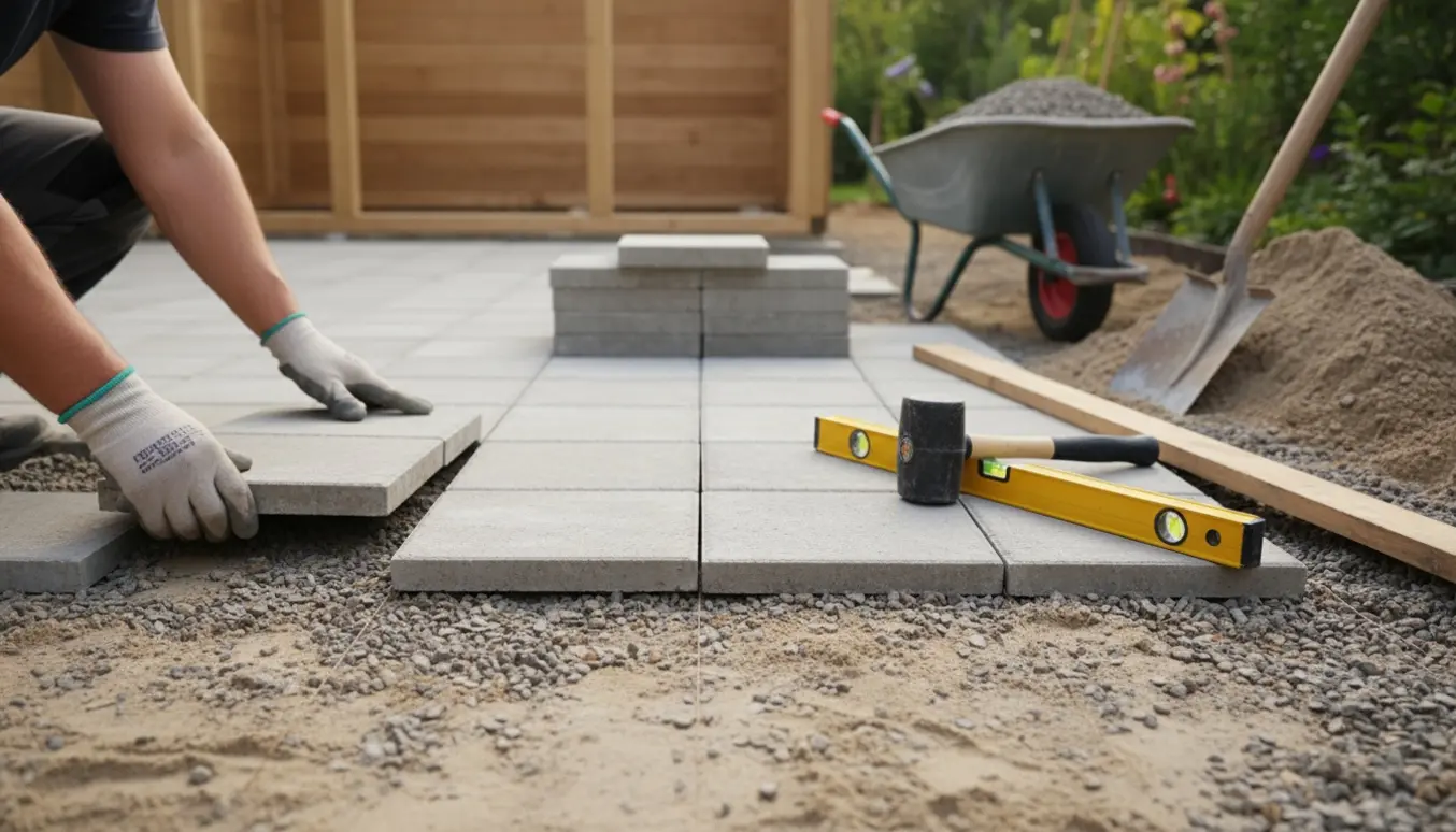 Nærbillede af hænder, der lægger 30x30 cm fliser på et grus- og sandunderlag som bund til et haveskur.