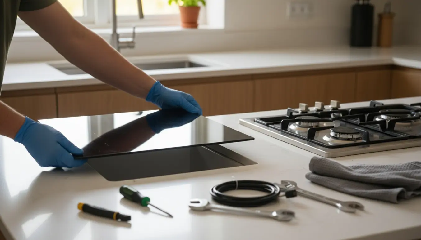 Hænder installerer en ny glas-keramisk kogeplade i et køkkenbord.