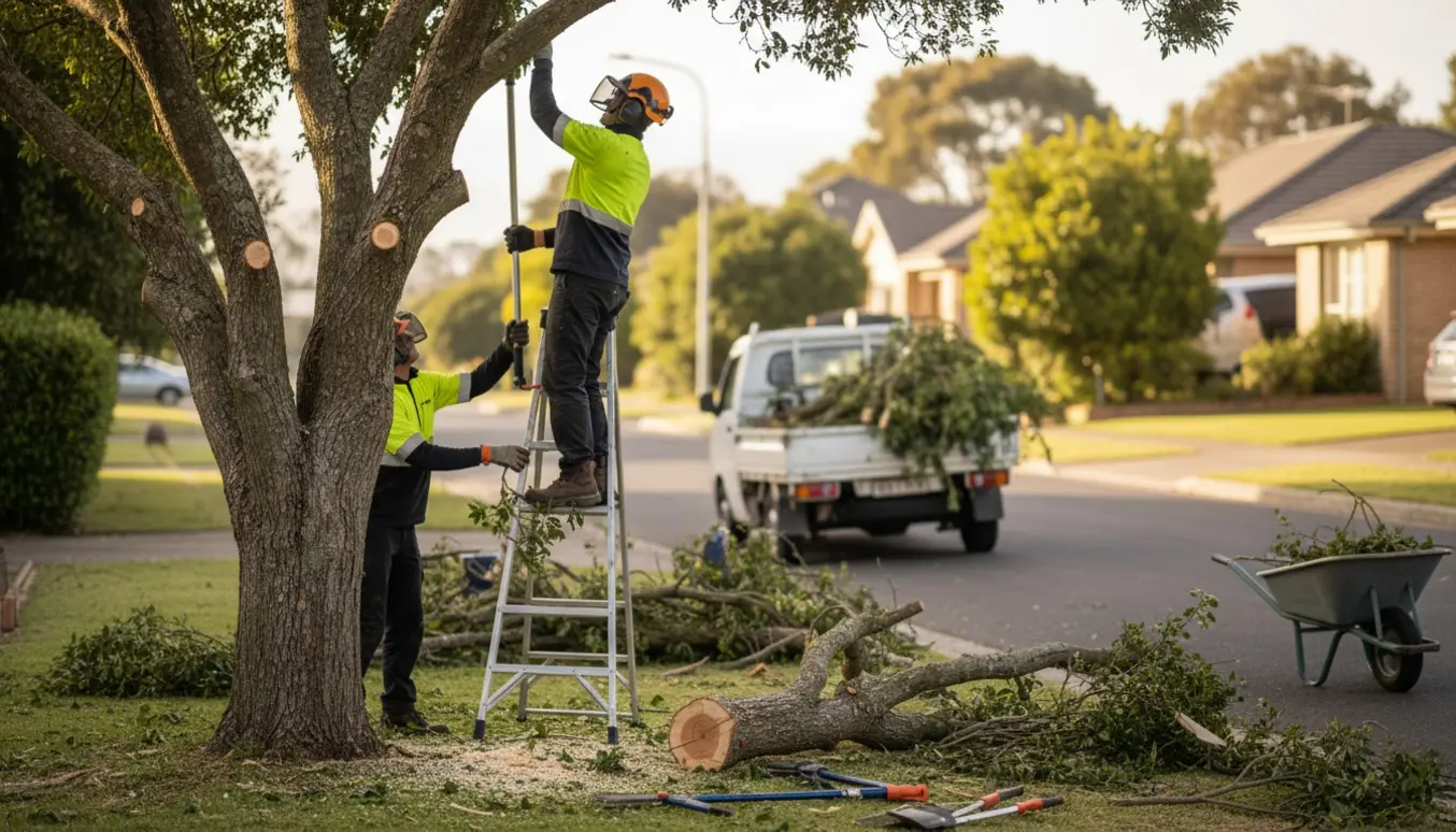 Beskæring af et 5–6 meter højt træ ved vejen med afskårne grene samlet til afhentning.