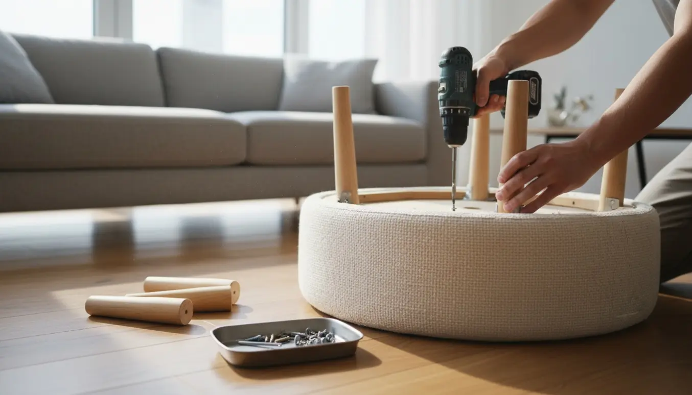 Hænder skruer et træben fast på en puf ved siden af en sofa med en boremaskine.