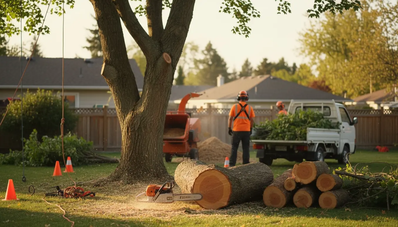 Professionelle fælder et stort to-stammet ahorntræ i en have med kædesav, flishugger og læsning af grene i en lastbil.