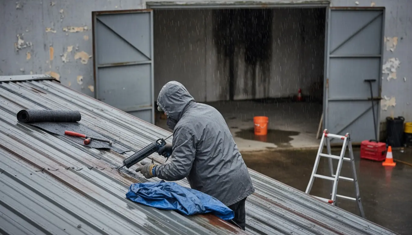 Håndværker reparerer utæt værkstedstag i regnvejr mens en spand fanger dryp indendørs.