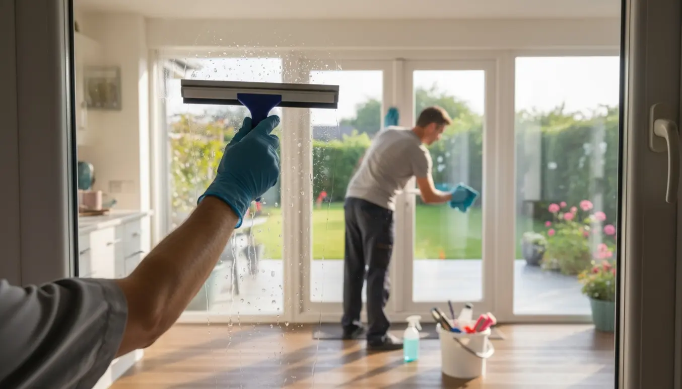 Indendørs og udendørs vinduespudsning på et etplanshus, hvor små børnefingeraftryk tørres væk.