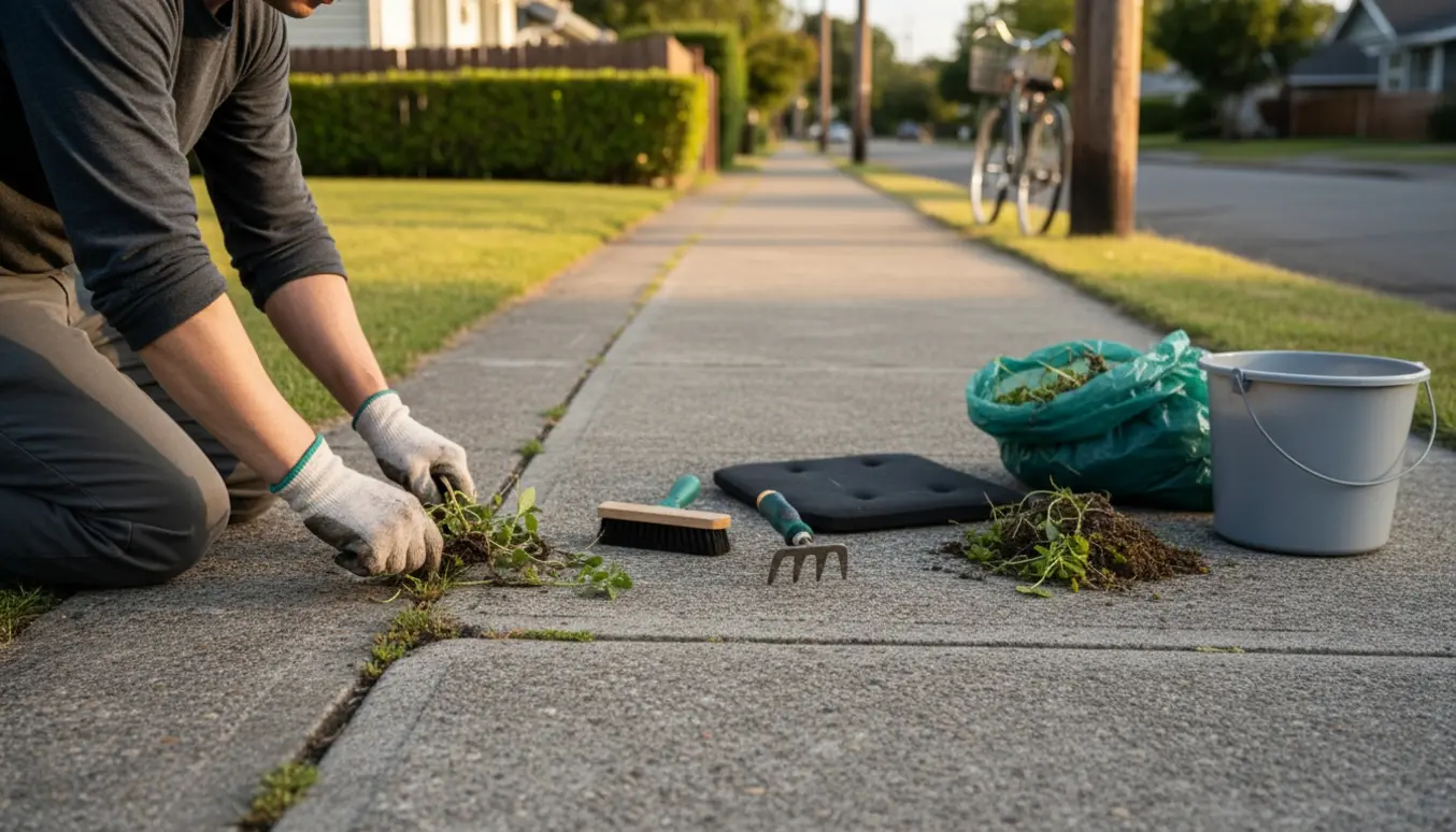 Hænder fjerner ukrudt mellem fliser langs et hjørnefortov med værktøj og en spand i baggrunden.