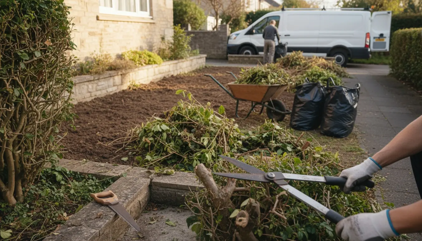 Oprydning af forhave med beskæring af nøddebusk, fjernelse af ukrudt og klargjort grønt affald til bortkørsel.
