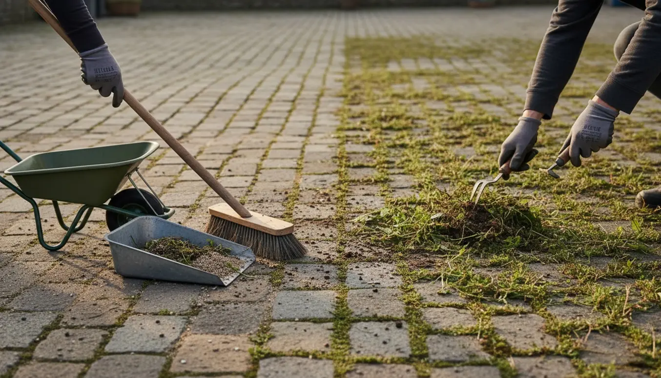 Hænder fejer og fjerner ukrudt mellem grå herregårdsfliser med kost og håndredskaber på en solskinsdag.