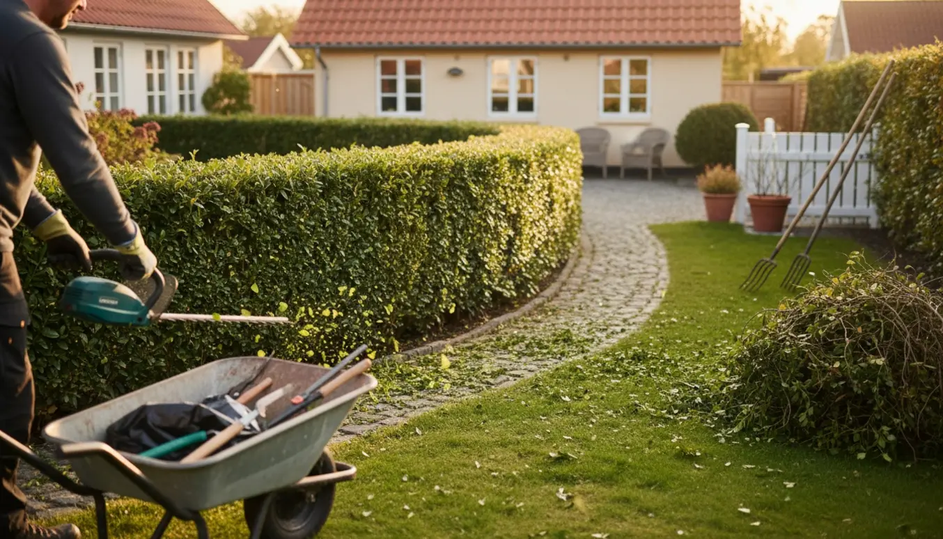 Nyklippet privat hæk i en lille forstadshave med haveredskaber og opsamlede afklippede grene.