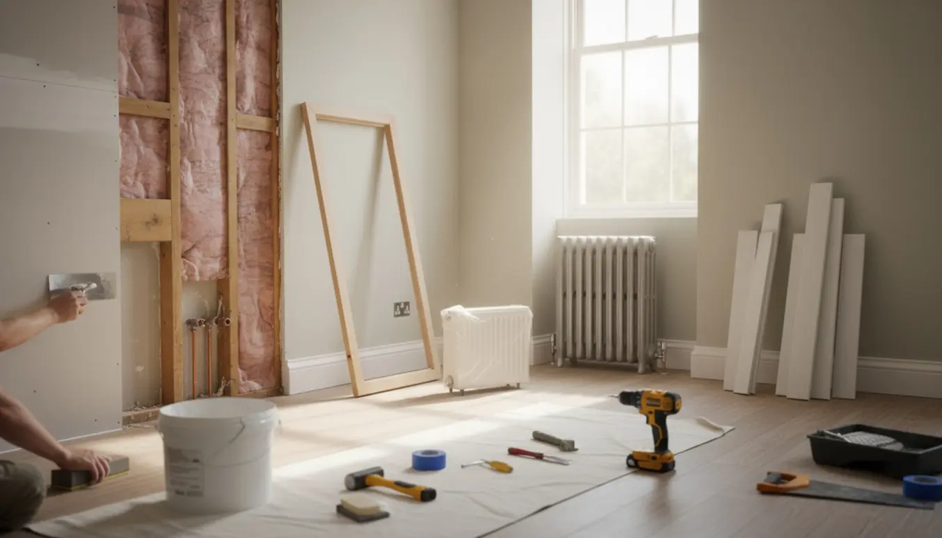 Indvendig renovering med væg under nedbrydning, nyt dørkarme, radiatorer og værktøj klar til montering.