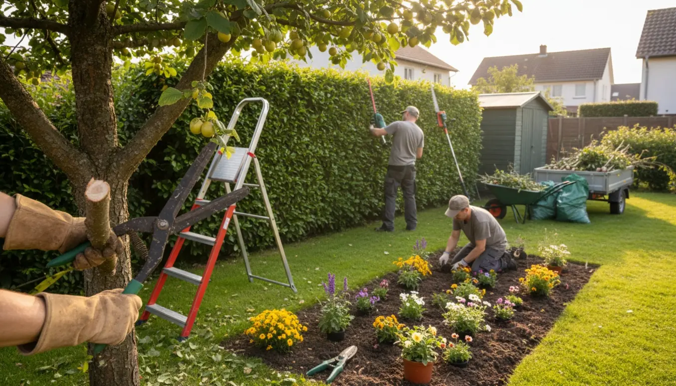 Gartnere beskærer hassel- og mirabelletræer og klipper en ligusterhæk, med afklip i trillebør og haveaffald klar til bortkørsel.