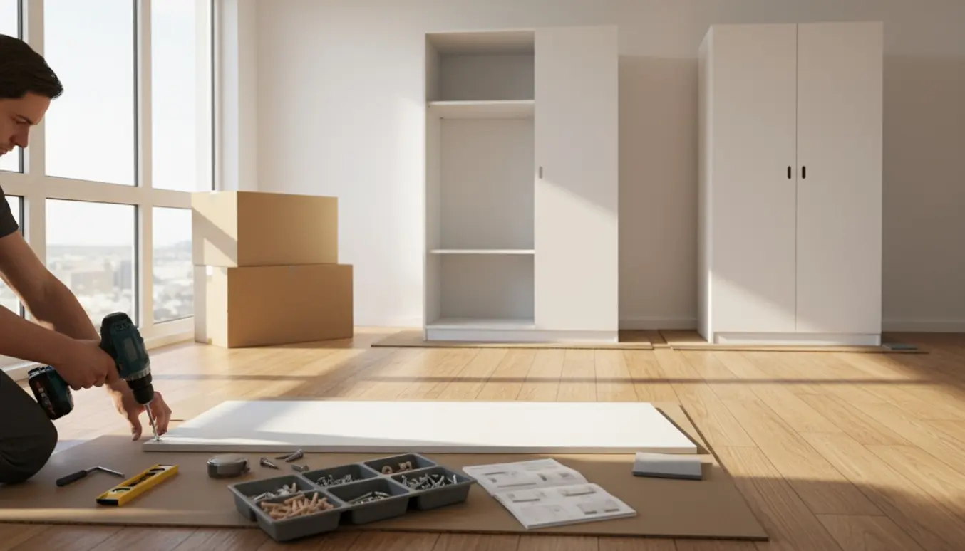 Fire hvide fladpakkede garderober, én halv samlet med værktøj og hænder på et lyst trægulv.