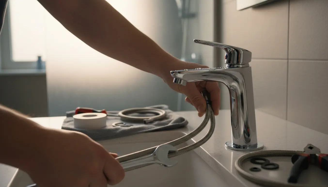 Hænder installerer et nyt krom blandingsbatteri med omskifter på et lyst, moderne badeværelse.