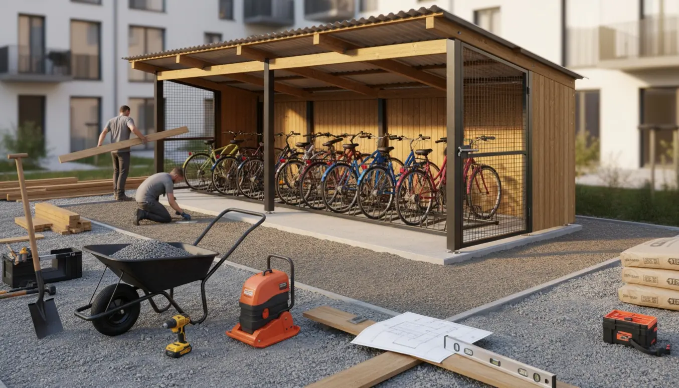 Cykelskur under færdiggørelse med stabilt underlag, værktøj og plads til 15 cykler.